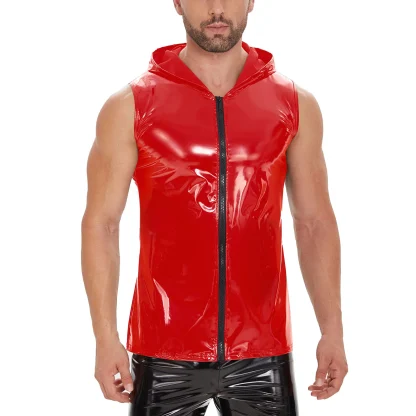 Zipper Wet Look Hooded Tank Top - Image 2