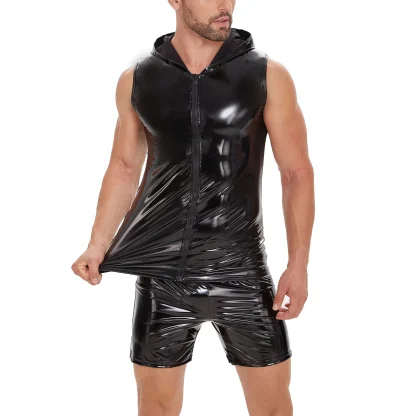 Zipper Wet Look Hooded Tank Top - Image 4