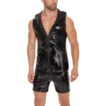 Zipper Wet Look Hooded Tank Top - Image 5